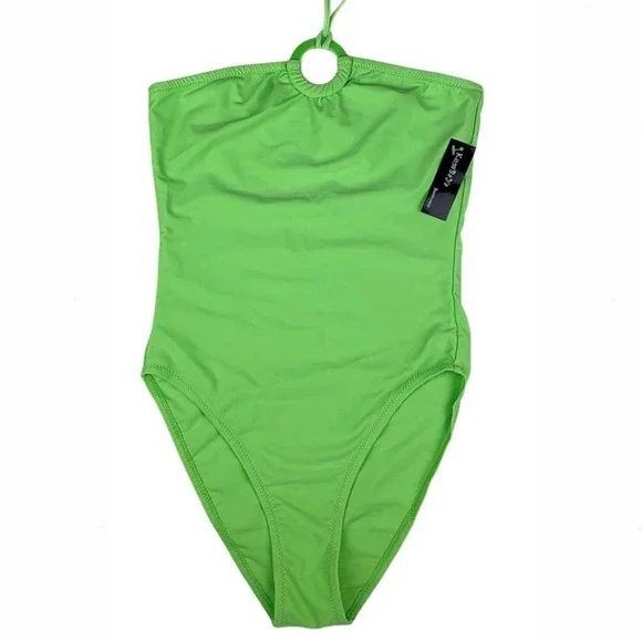 Pastel High-Leg O-Ring Halter One-Piece Swimsuit in Lime Green - Picture 9 of 11